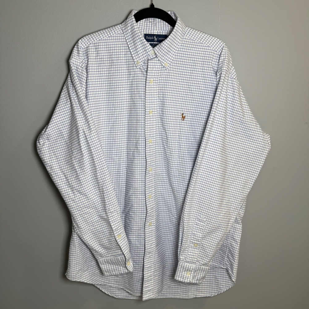 Ralph Lauren Blake Mens Large Blue White Tattersall Check Cotton Button Shirt